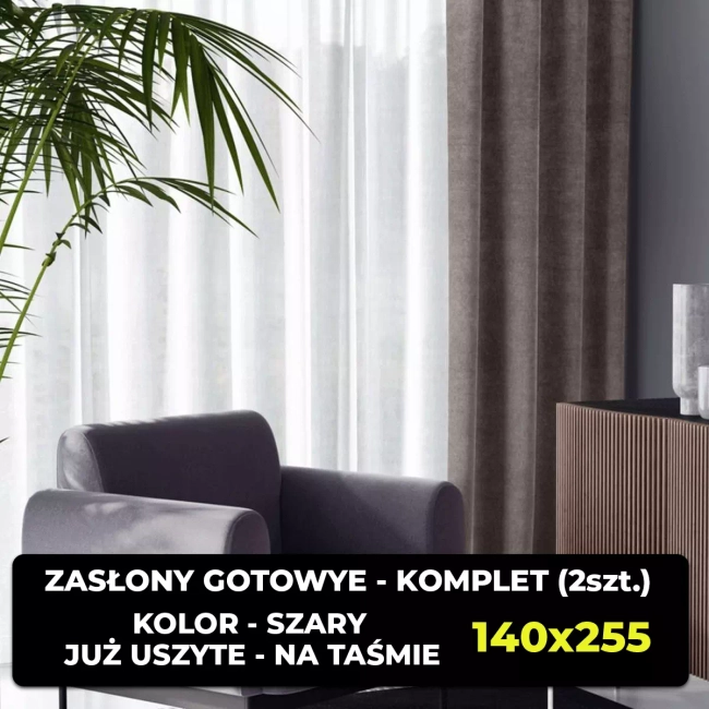Zasłony Gotowe już uszyte! Kolor Szary, Welur - Ostatnie komplety! 140x255 (2szt.)