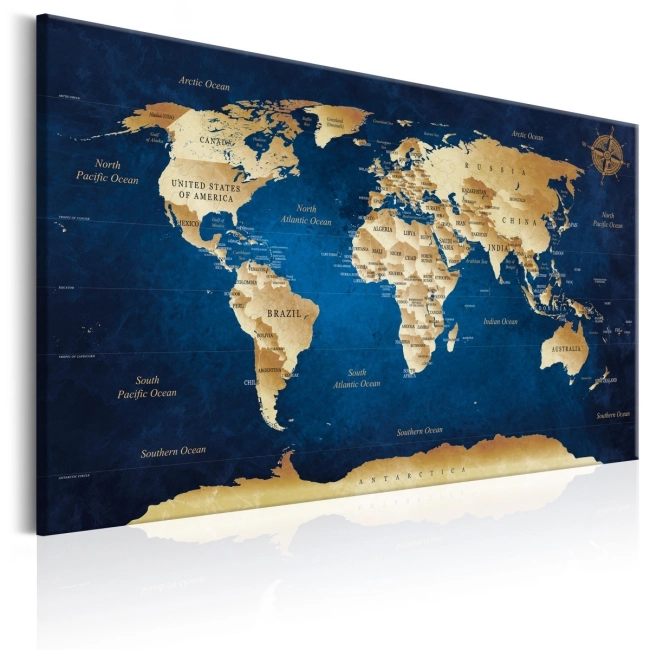 Obraz Mapa Świata Beżowo Granatowa - Duża Mapa do Biura, Salonu, Gabinetu - 120x80