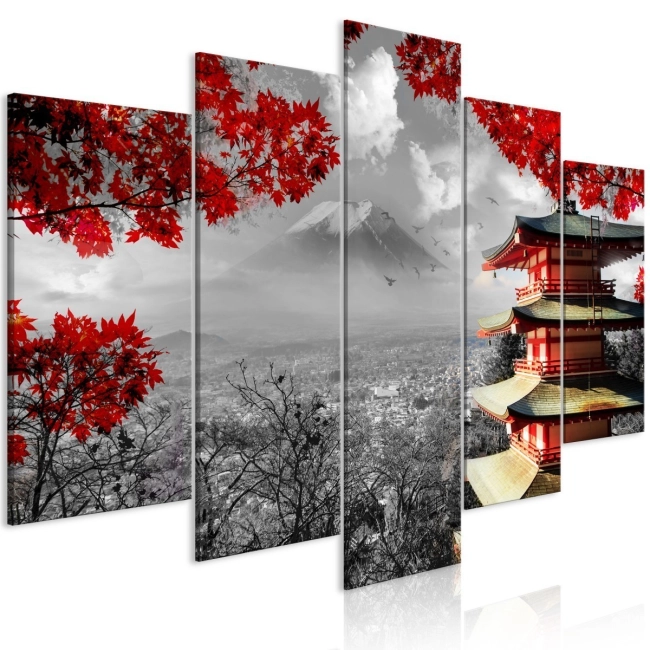 Bardzo duży obraz do Salonu lub Biura 200 x 100cm - 5 częściowy - Japonia, Azja, Góry, Czerwony, Czarny