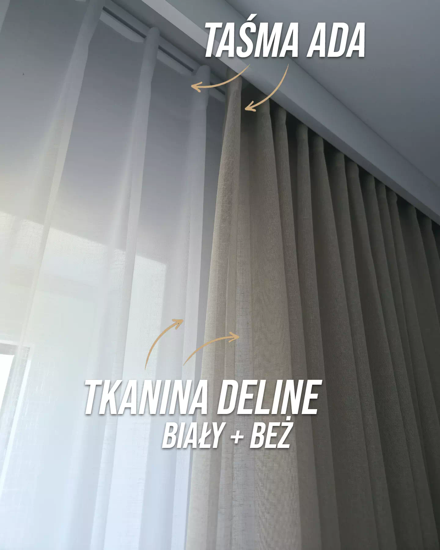 Nowoczesna biała firana oraz Modna beżowa zasłona na wymiar z tkaniny Deline na taśmie ADA