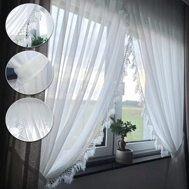 Firana zakładana INEZ 400x260 z koronką i frędzlami - limitowana kolekcja