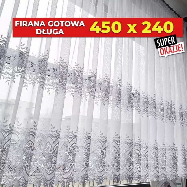 Firana outlet gotowa długa 450x240  - gipiurowa Stokrotka - na karnisz od 200 do 300cm