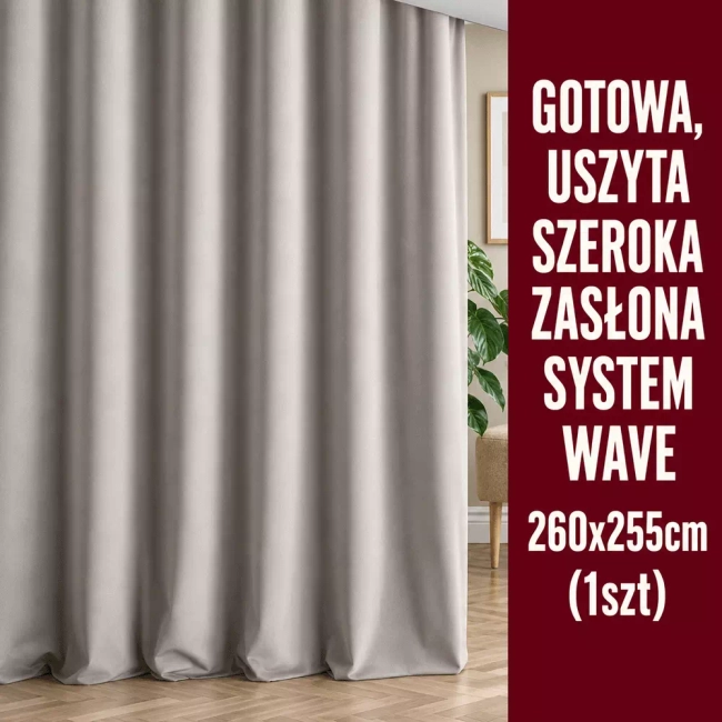 Zasłona gotowa na Systemie Wave szeroka szary beż już uszyta na 260x255 (1szt.)